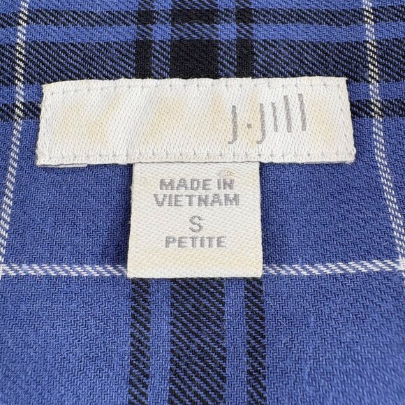 J. Jill Women's size SP Small Petite Flannel Button Up Blouse Blue Plaid Tunic - Picture 2 of 5